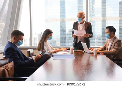 Executive Business People Talking And Meeting And Discussing In A Conference Room, Smart Person Wear Face Mask For Covid-19 Protection