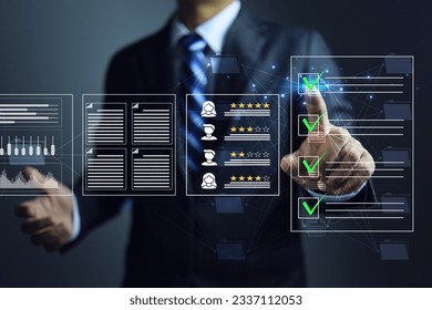 Executive businessman click on green check mark online to approve and document evaluating with sharing server system and rated a maximum of five stars according to the ISO documentation management - Shutterstock ID 2337112053