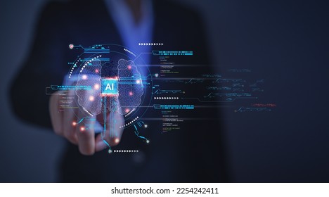 Executive businessman finger pointing at virtual screen showing results of intelligent AI learning system. Concept of using data and algorithms to mimic the way humans learn.