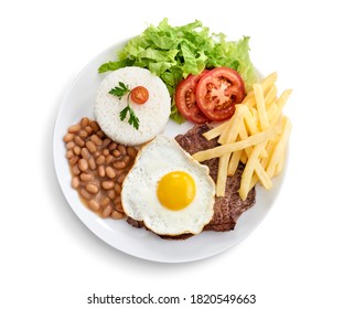 Executive Dish Alcatra Steak With Rice, Beans, Salad, Fries And Fried Egg, Seen From Above And Isolated With Path