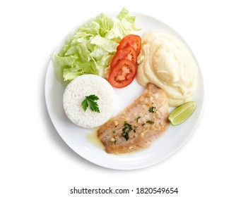 Executive Dish With Fried Hake Filet With Rice, Salad And Mashed Potatoes, Seen From Above And Isolated With Path