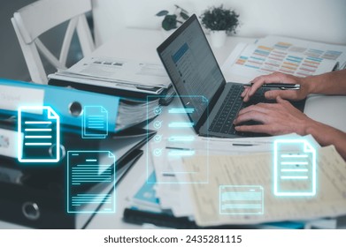 Executive Efficiency Businessman at Work with Documents data management, files and data management, bills expenses ,daily expenses, busy table with document and computer laptop