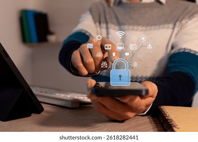 Executive interacting with cybersecurity hologram: futuristic technology and data protection