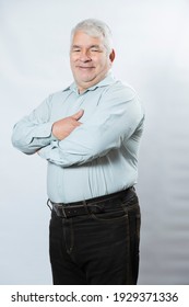 Executive Man With Crossed Arms Smiling At Camera - Men's Formal Shirt Mockup - Elderly Boss On White Background