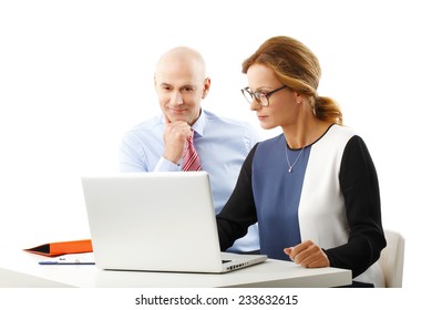 Executive Sales Team Working At Office, While Using Computer. Isolated On White Background.