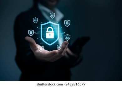 Executive Showcasing Global Cybersecurity Network. Business person corporate executive displays a virtual global network with a secure lock symbol, representing international data protection. - Powered by Shutterstock