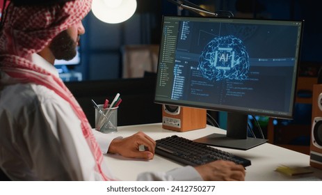 IT executive updating AI systems using computer, writing binary code scripts. Technical support consultant working from home using programming to upgrade artificial intelligence simulation model