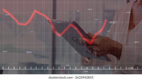Executive using tablet in office, with red line chart overlay, numeric labels, grid, copy space. Finance, analytics, technology, corporate, data, professional, modern - Powered by Shutterstock - Get 15% off with code: PIKWIZARD15
