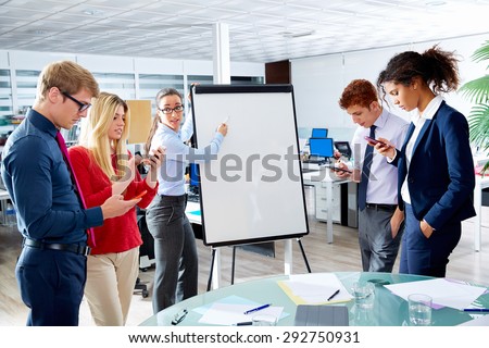 Executive woman presentation with distracted people playing with smartphones