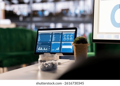 Executive workspace features a digital dashboard with financial charts and reports. This setup emphasizes productivity, data driven insights and planning for business growth and development.