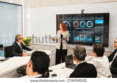 Executives in a boardroom watch a presenter explain performance dashboards on a large screen, discussing metrics and strategy during a corporate meeting.