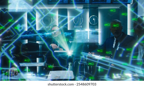 Executives in a Conference Room Discuss Infrastructure Data Displayed on a Futuristic Projector. Diverse Team Does Strategic Traffic Planning With Holographic Visuals and Digital Analytics. - Powered by Shutterstock