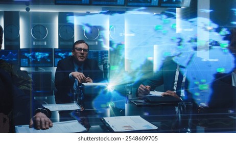 Executives Engage in a Meeting, Analyzing Global Data Projected Onto a Screen. Diverse Team Collaborates on Strategic Government World Trading and Import Logistics Transportation Service - Powered by Shutterstock