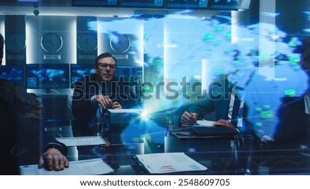 Executives Engage in a Meeting, Analyzing Global Data Projected Onto a Screen. Diverse Team Collaborates on Strategic Government World Trading and Import Logistics Transportation Service
