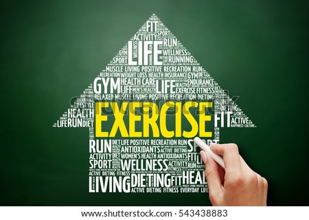 EXERCISE arrow word cloud collage, health concept on blackboard