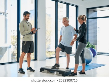 Exercise, clipboard and physiotherapist with senior patient for service, consulting or wellness. Chiropractor, healthcare and man and mature dad and woman for physical therapy, rehabilitation or help - Powered by Shutterstock