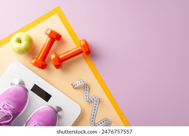 Exercise equipment layout. Top view of female trainers, hand weights, exercise mat, measuring tape, weighing scale, and an apple for energy on pastel purple background with space for text or advert