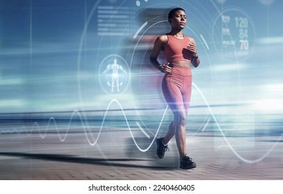 Exercise, fitness and black woman running with futuristic hologram, overlay or double exposure for cardio health. Wellness, sports and female runner with ai for pulse or time for training or workout. - Powered by Shutterstock