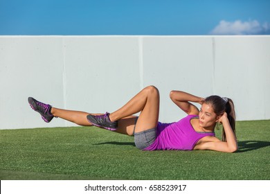 Exercise Fitness Woman Training Abs Sit Up At Home. Asian Girl Doing Bicycle Crunch Workout To Train Body Core. Bodyweight Floor Exercises. Healthy Lifestyle.