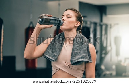 Exercise health, gym and woman drinking water for sports thirst hydration, fitness performance or running workout. Athlete wellness, fatigue and tired girl with liquid bottle drink after training