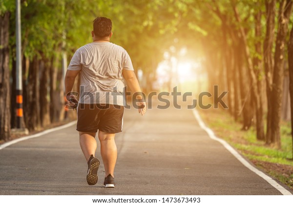 Exercise and healthy concept : Fat man running in\
the park