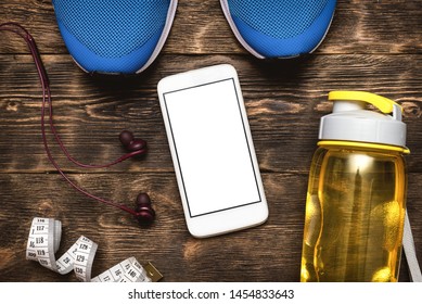 Exercise List In A Mobile Phone Template. Gym Flat Lay Background.