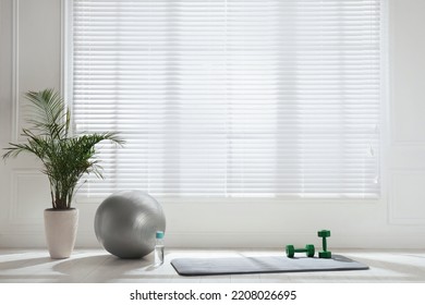 Exercise mat, dumbbells, fitness ball and houseplant near window in spacious room - Powered by Shutterstock