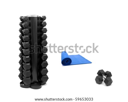 An exercise mat and hand weights isolated against a white background