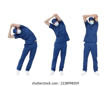 Exercise for medical professionals.Standing medic stretching arms and spine