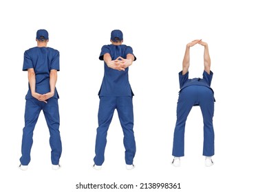 Exercise for medical professionals.Standing medic stretching neck and arm.s and back. Back view