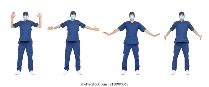  Exercise for medical professionals.Standing medic stretching arms, wrists.Front view
