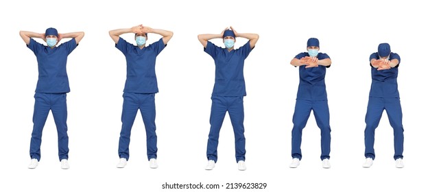 Exercise for medical professionals.Standing medic stretching arms and back. Front view