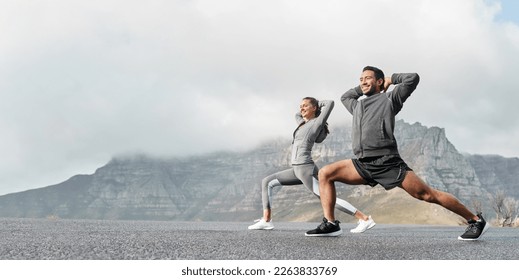 Exercise, mockup and couple workout and stretch together outdoors in nature by a mountain for health, wellness and fitness. People, partners and athletes training and keeping fit and heathy - Powered by Shutterstock