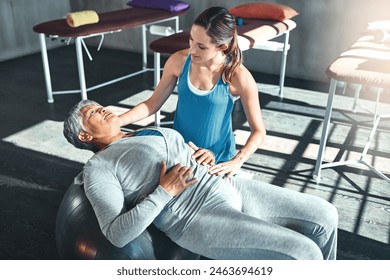 Exercise, physiotherapist and senior woman with ball in clinic for physiotherapy, support or stretching. Lens flare, female coach and elderly patient for balance, recovery training or rehabilitation - Powered by Shutterstock