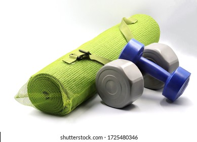 Exercise Set At Home Dumbbell,yoga Mat On White Background.