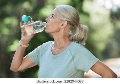 Exercise, workout and senior woman drinking water, park and training for fitness, wellness and healthy lifestyle. Mature female, nature and lady with aqua, retirement practice for energy or cardio - Powered by Shutterstock