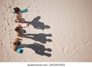 Exercise, yoga and training in nature with women friends exercising at beach from above. Active, athletic group prepare for health lesson on sand mockup, practice balance and cardio or energy workout - Powered by Shutterstock