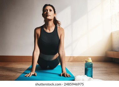 Exercise, yoga and workout with woman for health, cobra pose and wellness in home on floor. Lady, fitness and zen stretching for pilates, strength and core power for muscle and body training - Powered by Shutterstock