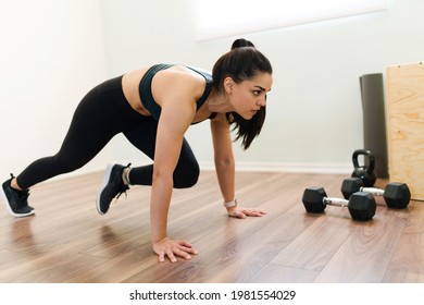 Exercising At Home With A High Intensity Interval Training Program. Fitness Woman Doing Mountain Climbers And Cardio Workout