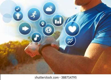 Exercising Man Checking Activity Tracker With Health Icons