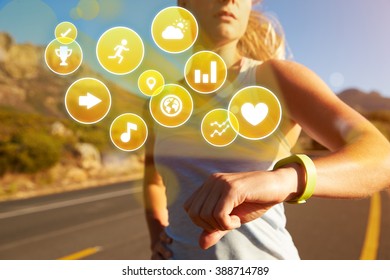 Exercising Woman Checking Activity Tracker With Health Icons