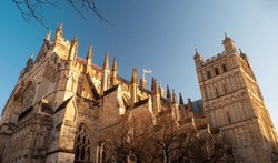 Exeter Cathedral In Bright Sunlight In Golden Hour