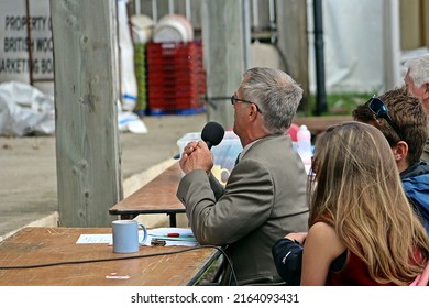 EXETER, DEVON - MAY 18, 2017 Devon County Agricultural Show - Sheep Shearing competition the commentator