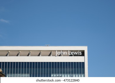 Exeter, Devon, United Kingdom - August 23, 2016: John Lewis sign outside the department store on High Street in Exeter. Having 46 stores, John Lewis is the largest omni-channel retailer in the UK.