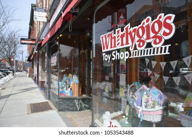 Exeter, N.H./USA - March 23, 2018. As Toys R Us Begins Its Final Closing Sale, Small Toy Stores Like Whrilygigs Service Main Streets All Over America. 