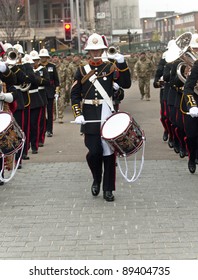 EXETER - NOVEMBER 16: Drummer From The Marching Performing At The Homecoming Parade Of 3 Commando Brigade  On November 16 In Exeter, England