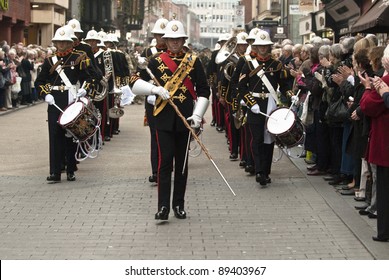 EXETER - NOVEMBER 16: The Marching Band Leads The Way For The Homecoming Parade Of 3 Commando Brigade  On November 16 In Exeter, England