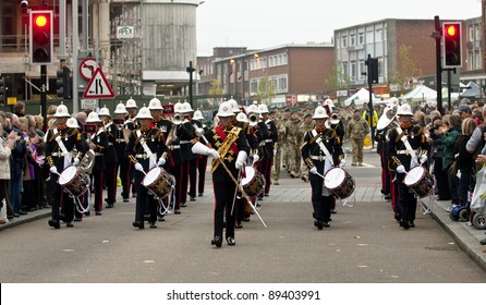 EXETER - NOVEMBER 16: The Marching Band Leads The Way For The Homecoming Parade Of 3 Commando Brigade  On November 16 In Exeter, England