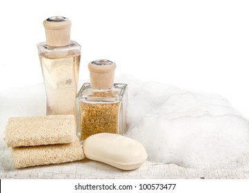 Exfoliation spa still life on a white aged background