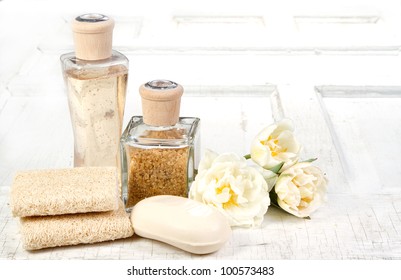 Exfoliation spa still life on a white aged background
